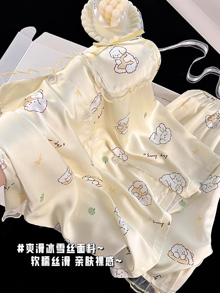 Pijama ngắn phối voan vàng pastel hình cún