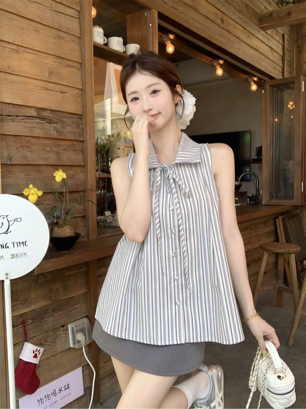 Áo babydoll kẻ sọc cổ sơ mi cột nơ