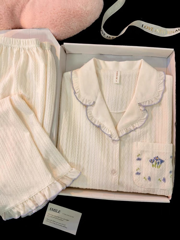 Pijama cotton dài viền tím dịu dàng