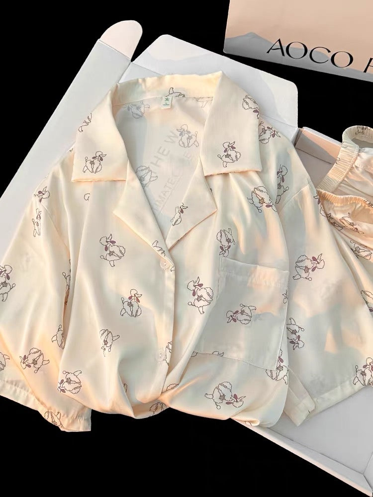 Pijama ngắn màu kem hình cún