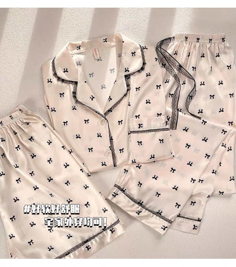Pijama be nơ viền ren đen dài ngắn