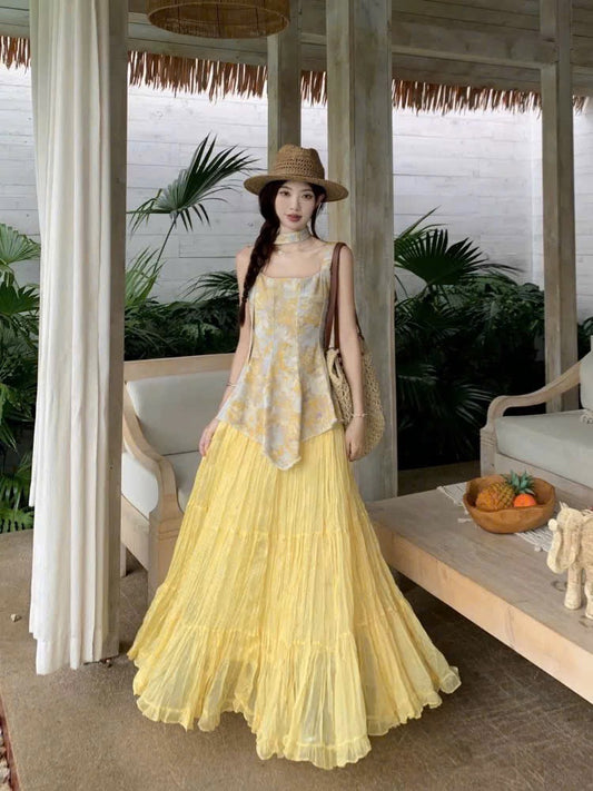 Set áo 2 dây hoa lá tươi tắn phối váy dài xòe
