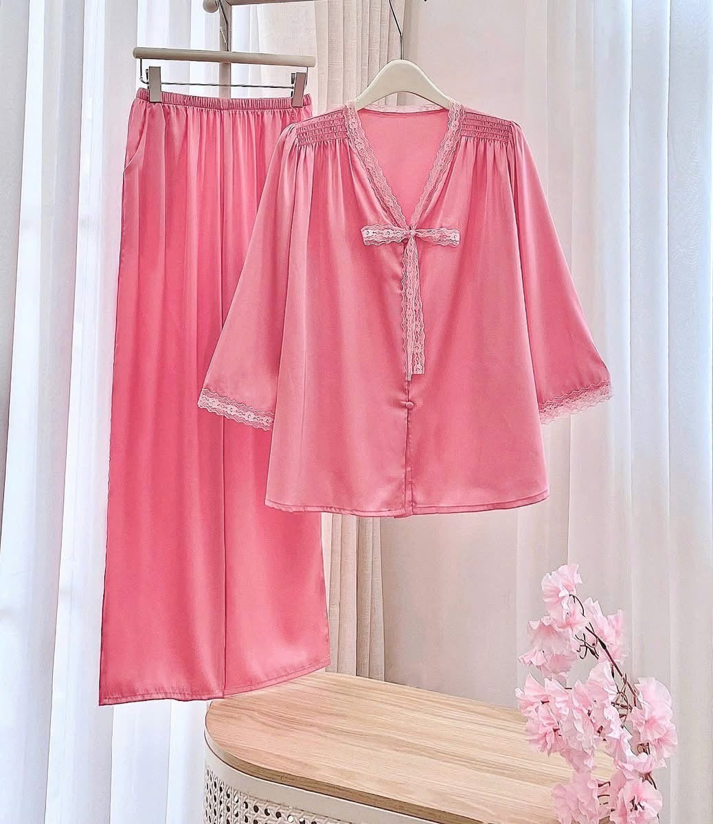 Pijama tiểu thư lụa tay lỡ nơ