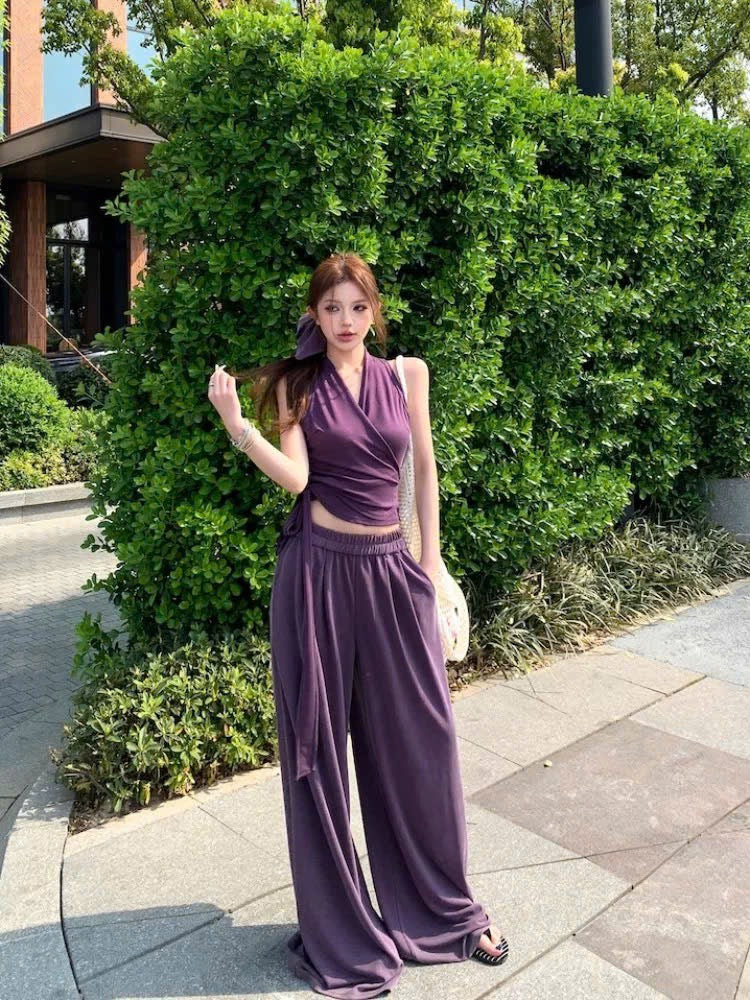Set áo vest đắp chéo phối quần suông lưng thun