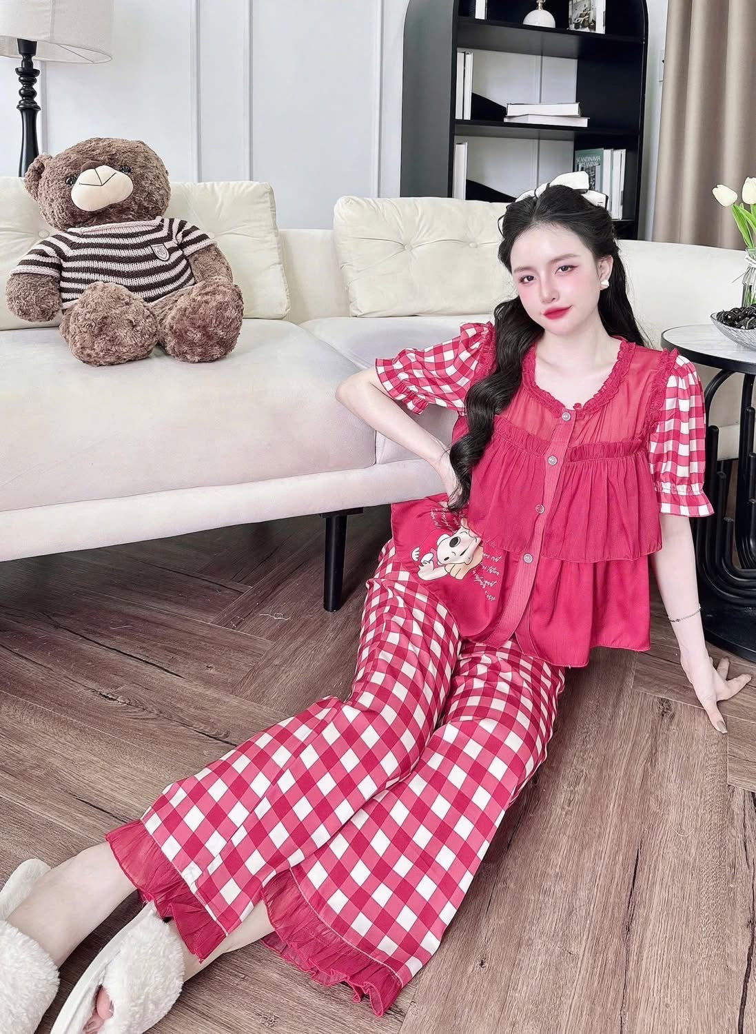 Bộ tay ngắn quần dài tiểu thư phối voán
