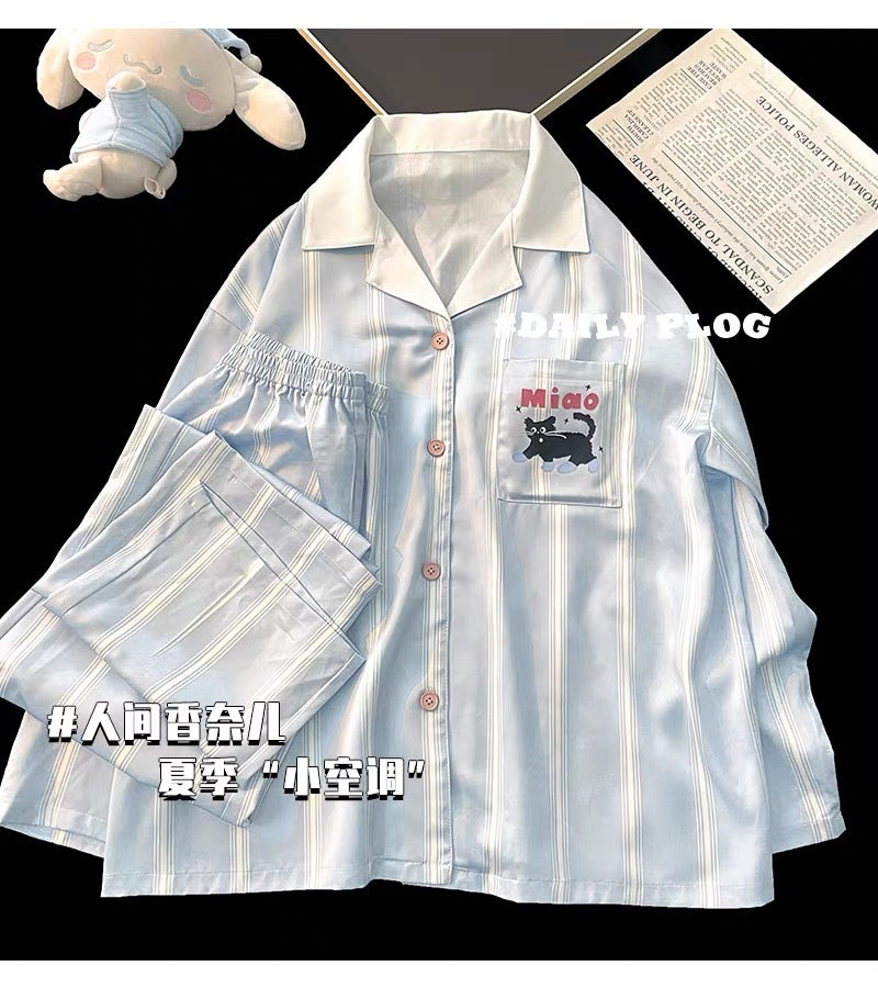 Pijama dài xanh sọc trắng hình mèo Miao