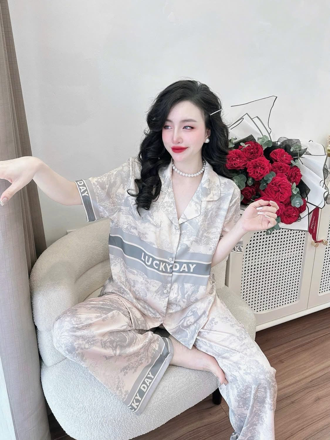 Pijama lụa latin tay ngắn quần dài