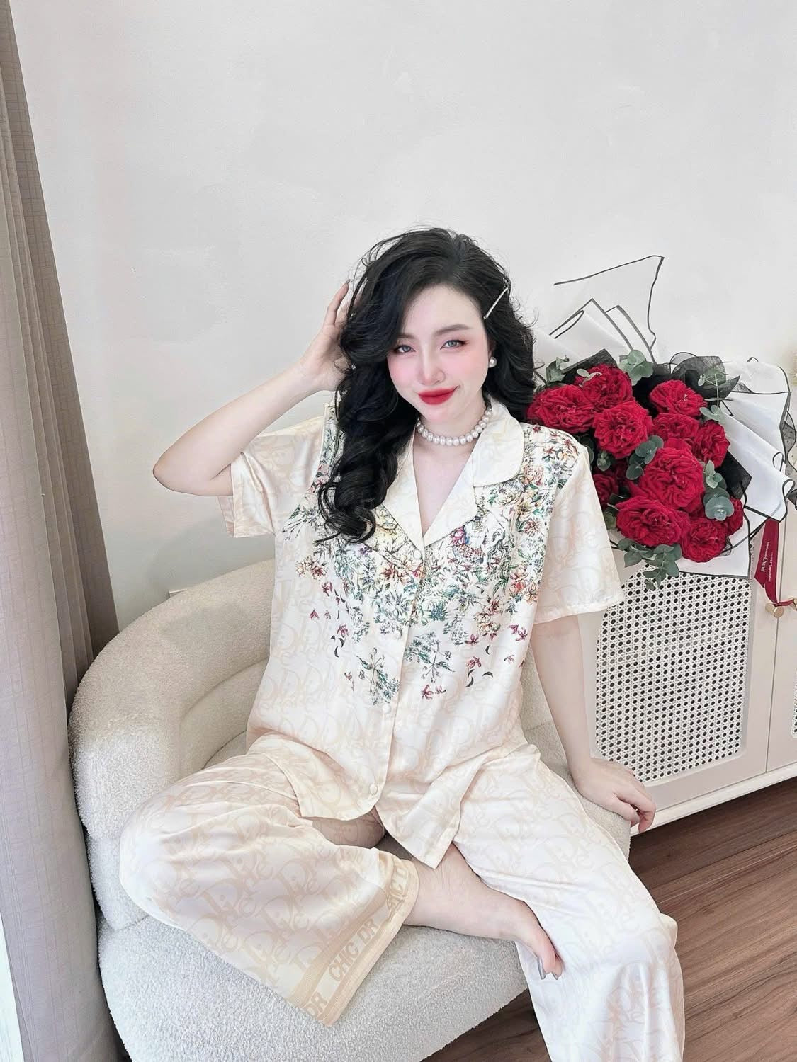 Pijama lụa latin tay ngắn quần dài