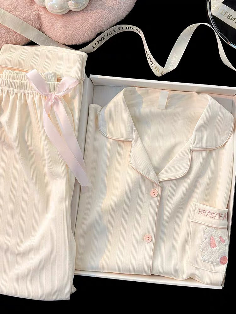 Pijama dài cotton màu kem hình thỏ