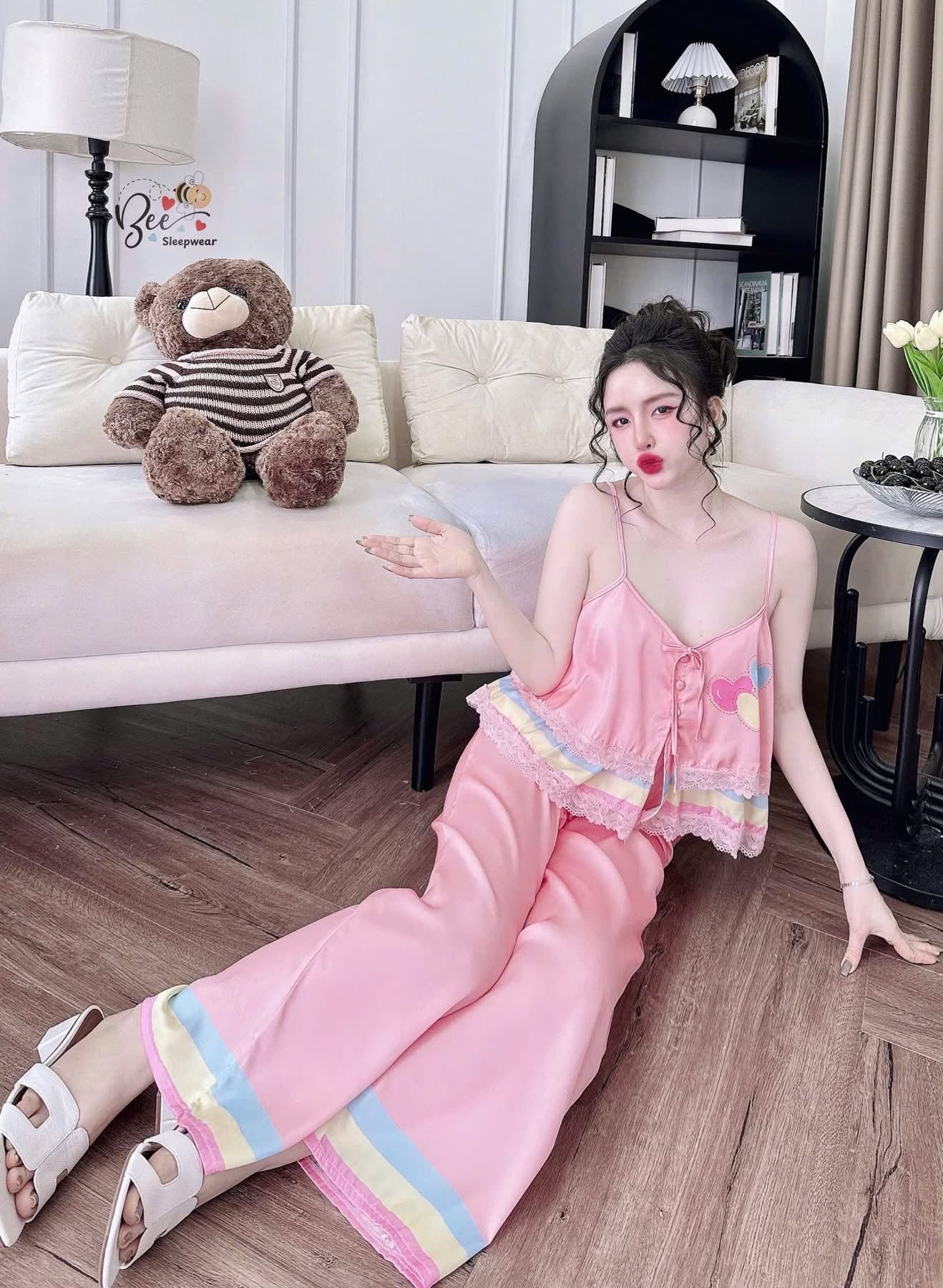 Bộ mặc nhà 2 dây quần dài lụa latin