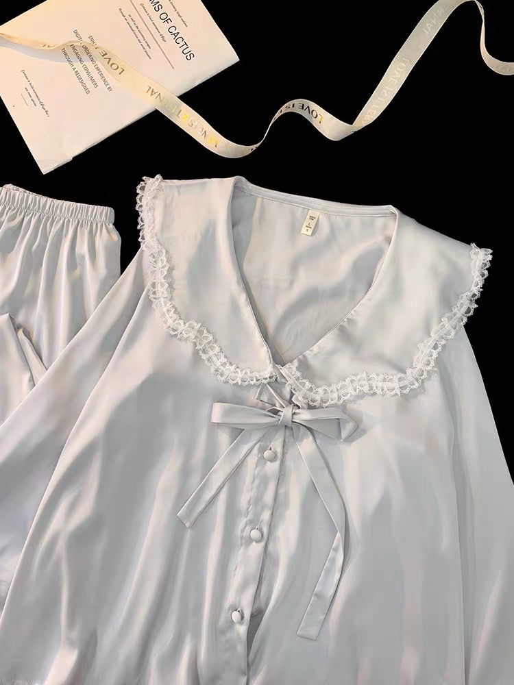 Pijama dài xanh pastel cột nơ
