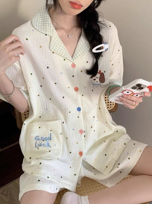 Pijama ngắn chấm bi hình cún Good Luck