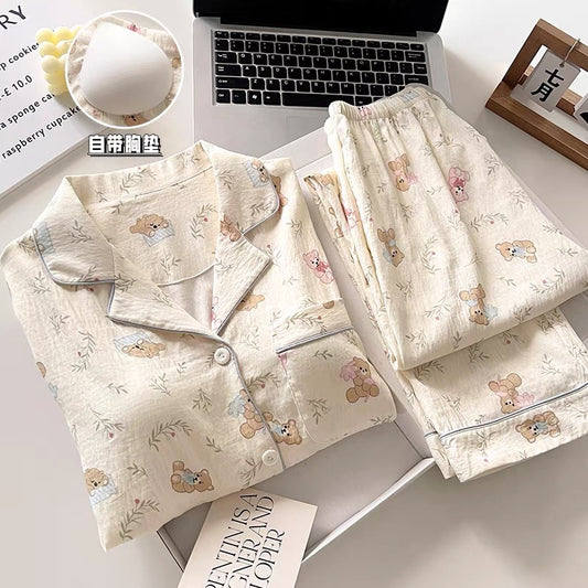 Pijama dài gấu và lá có mút ngực
