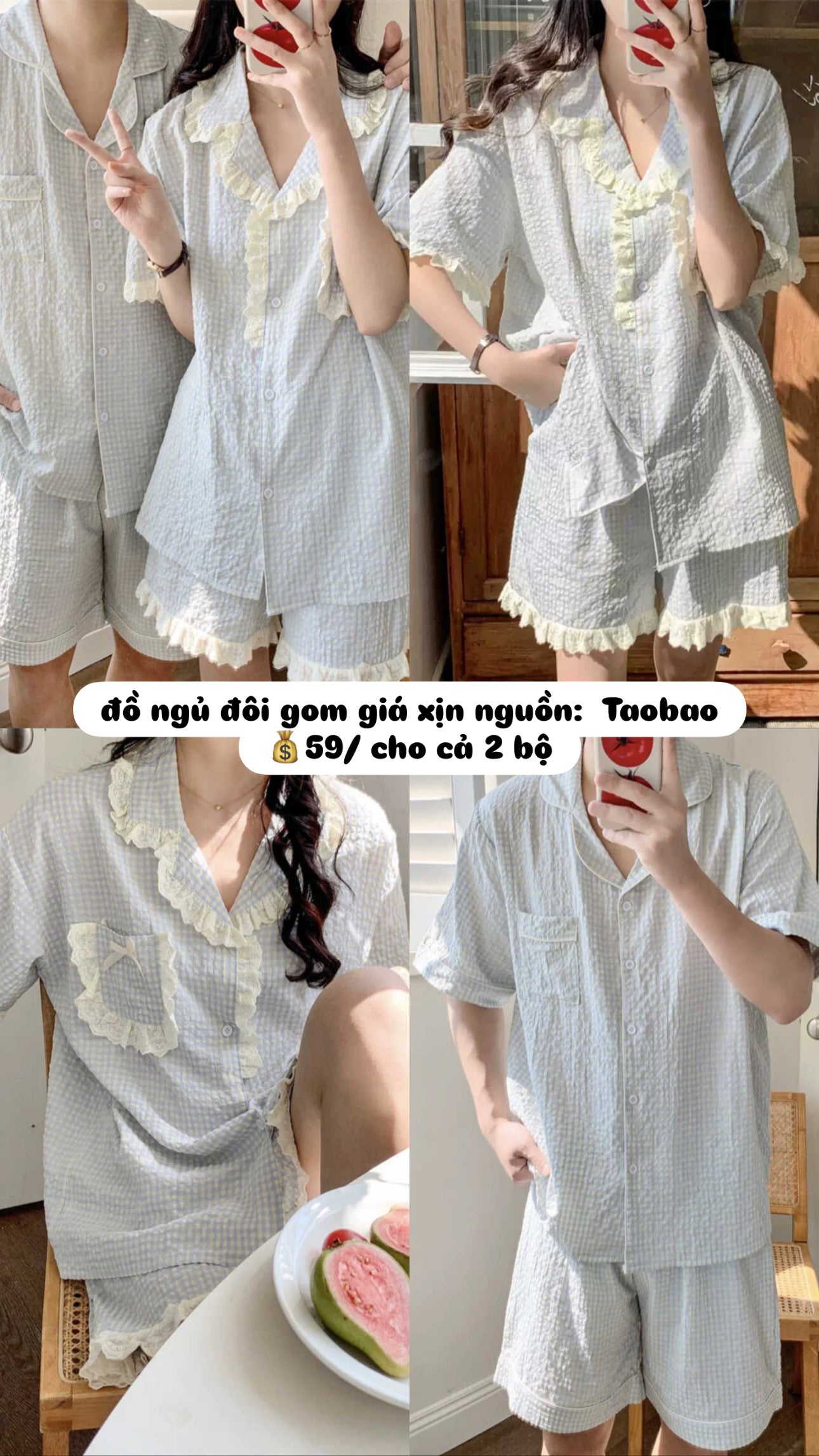 Đồ ngủ đôi ngắn caro xanh dương 2 bộ chỉ 59$