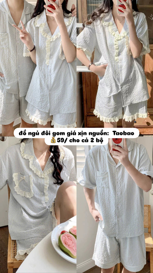 Đồ ngủ đôi ngắn caro xanh dương 2 bộ chỉ 59$