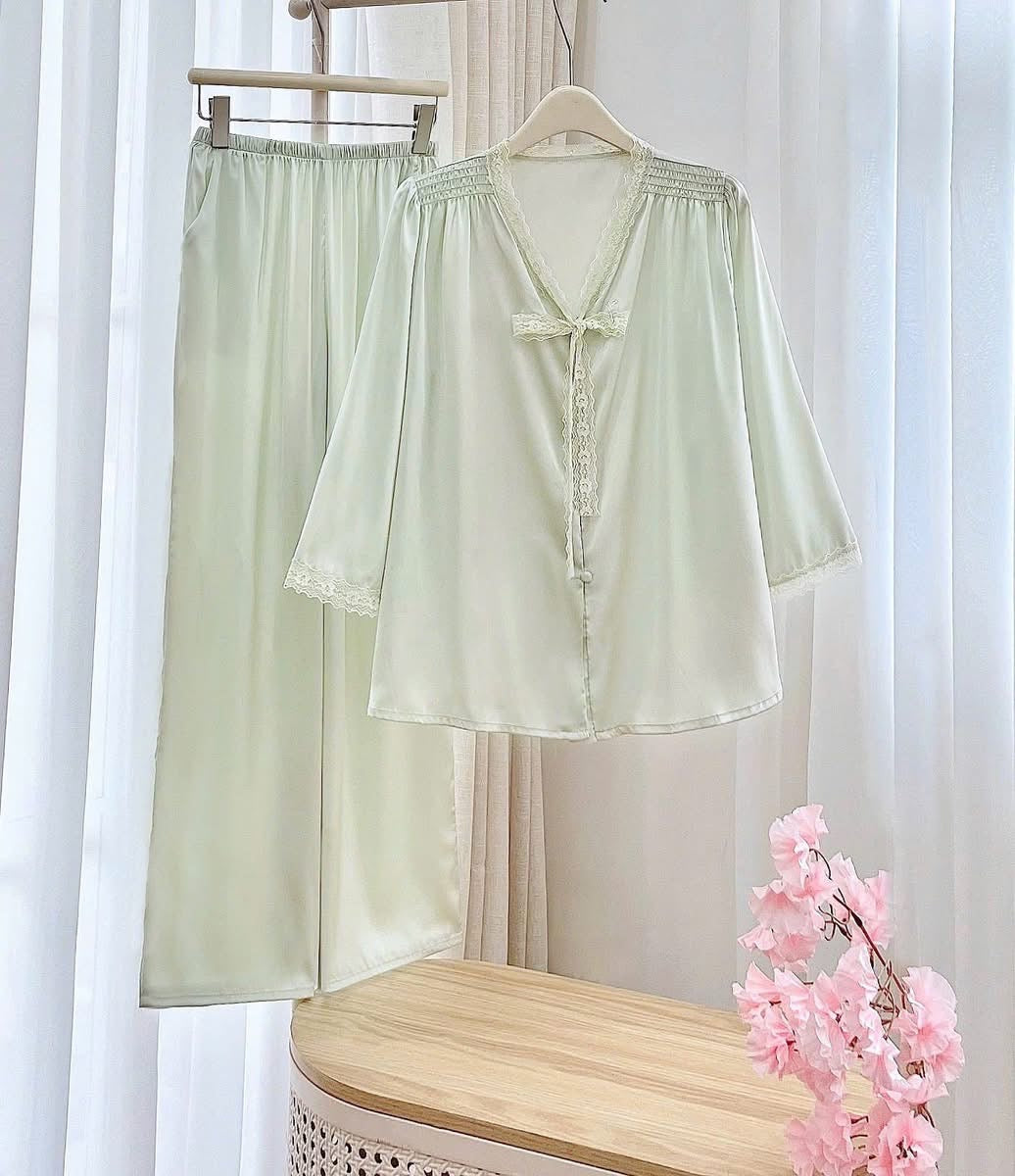 Pijama tiểu thư lụa tay lỡ nơ