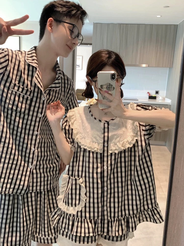 Đồ ngủ đôi ngắn caro viền bèo 2 bộ chỉ 65$