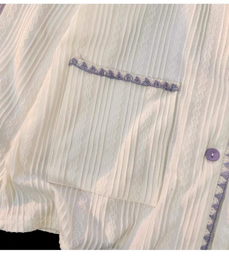 Bộ pijama dài cotton áo trắng quần tím khoai môn
