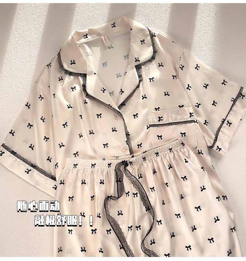 Pijama be nơ viền ren đen dài ngắn