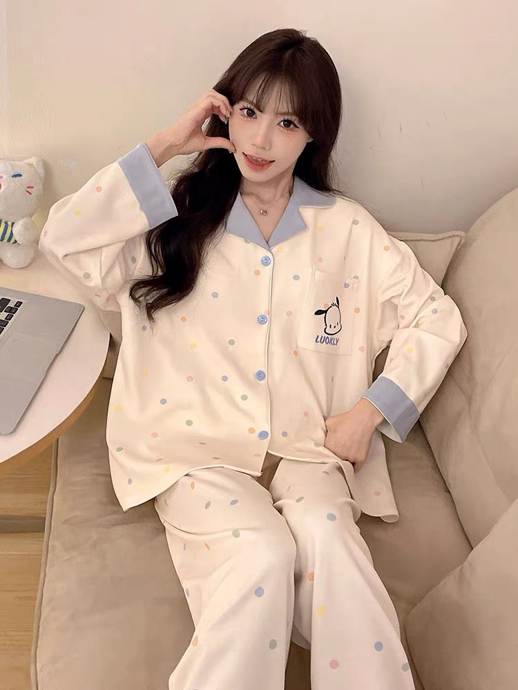 Pijama dài chấm bi viền xanh dương