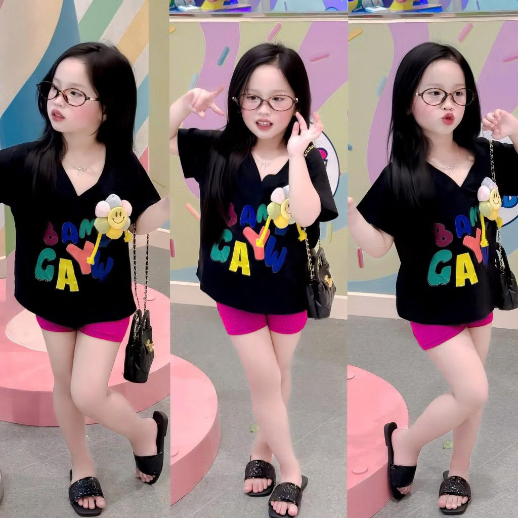 Set áo phông cổ tim quần legging cho bé gái