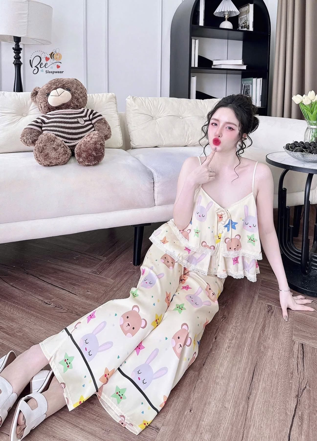 Bộ mặc nhà 2 dây quần dài lụa latin