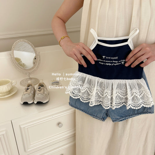 Set 2 dây phối ren quần đùi denim bé gái
