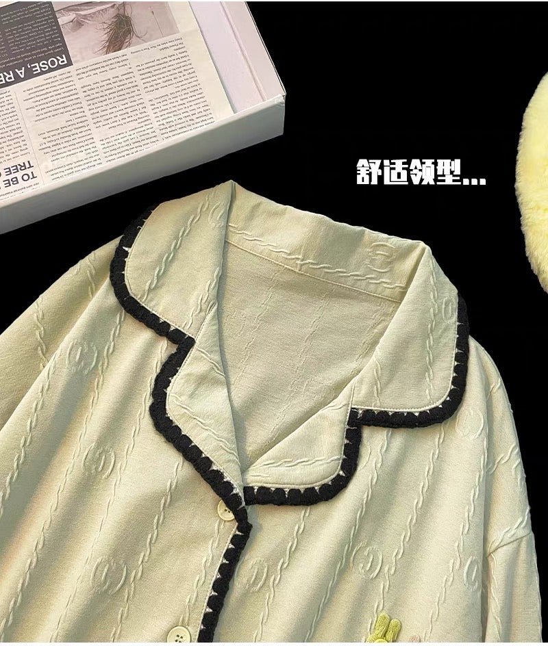 Pijama dài cotton xanh lá viền đen