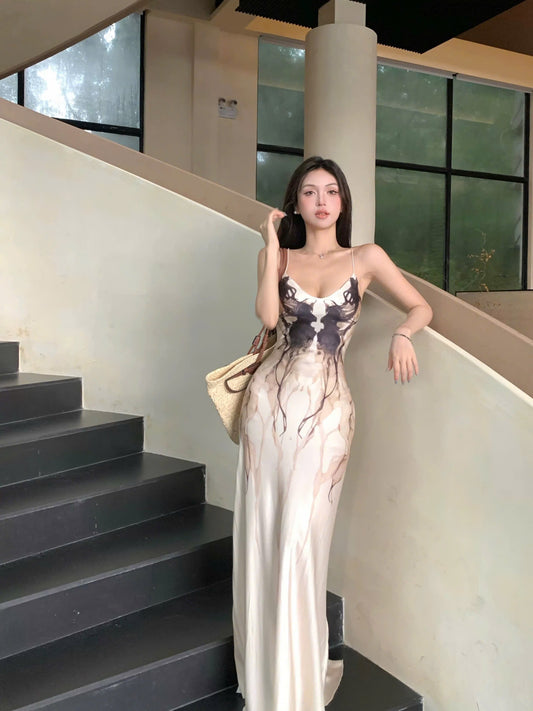 Đầm dài 2 dây họa tiết sang chảnh