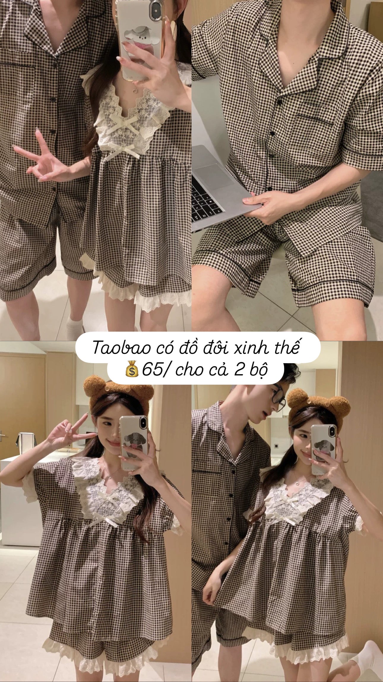 Đồ ngủ đôi ngắn caro cổ V 2 bộ chỉ 65$