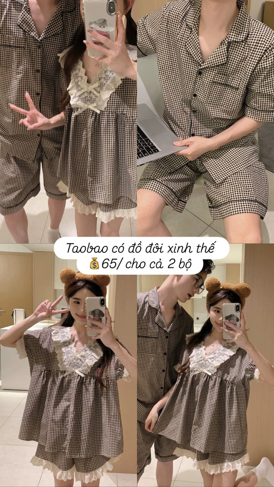 Đồ ngủ đôi ngắn caro cổ V 2 bộ chỉ 65$