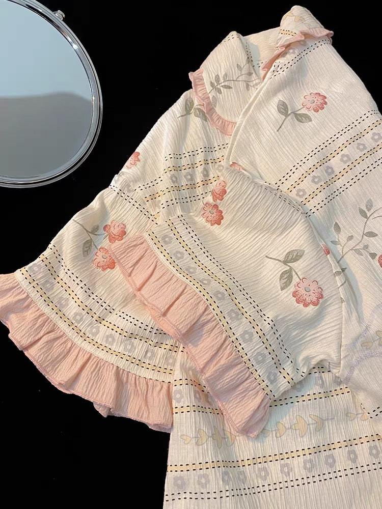 Pijama ngắn cotton hồng hoạ tiết hoa