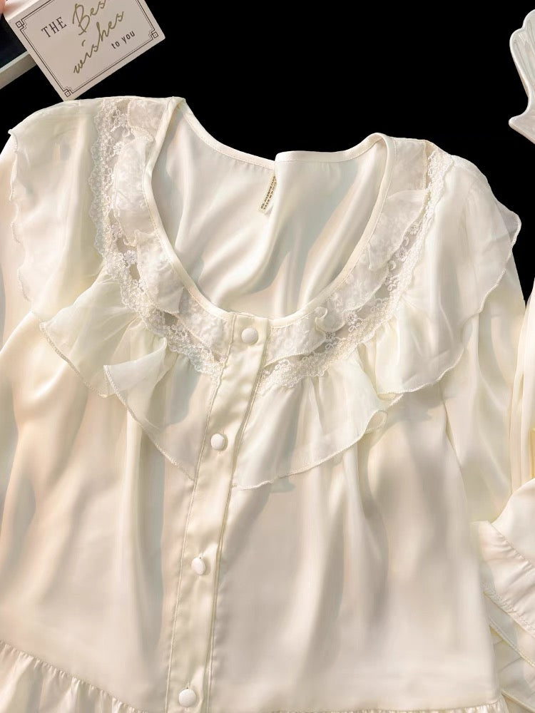 Pijama dài lụa hồng bo chun viền bèo