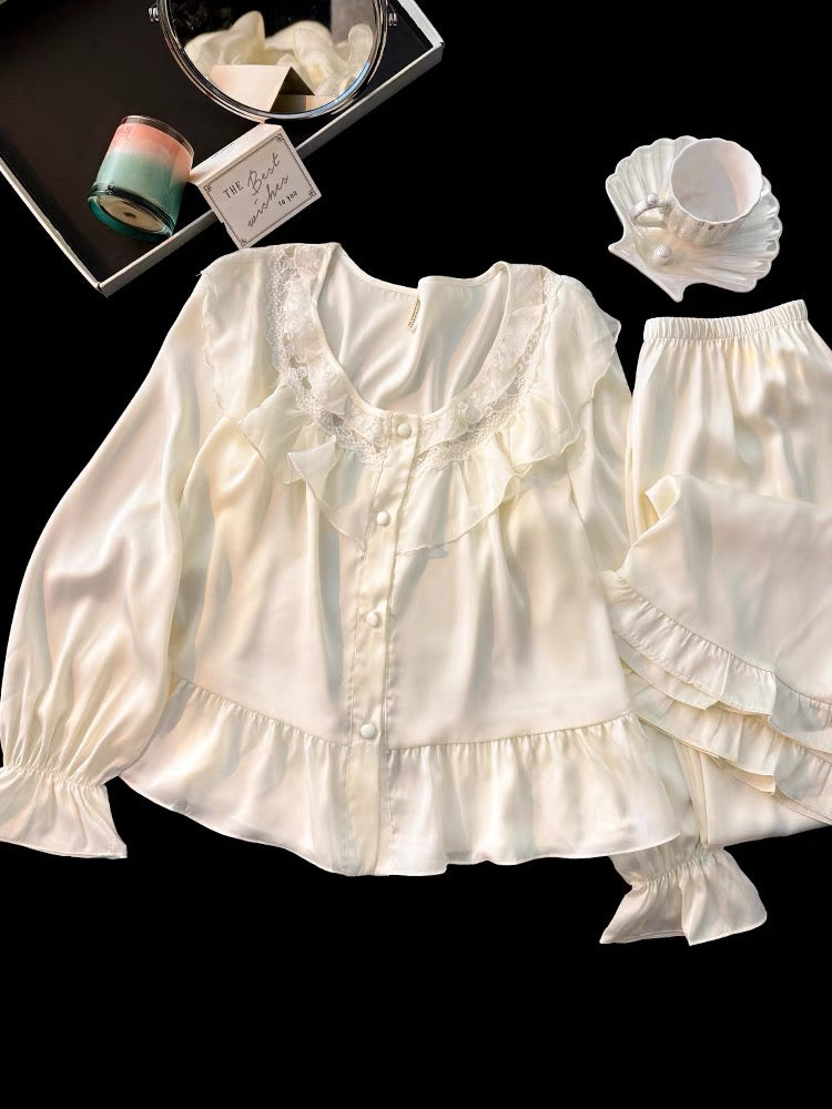 Pijama dài lụa hồng bo chun viền bèo