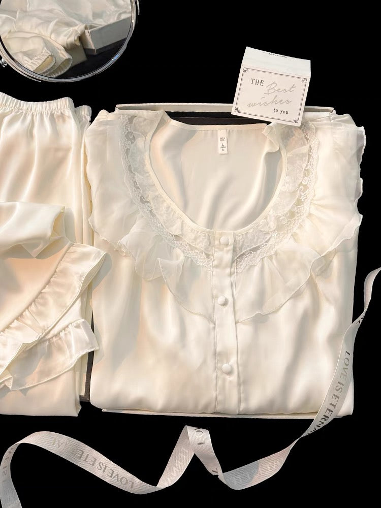 Pijama dài lụa hồng bo chun viền bèo