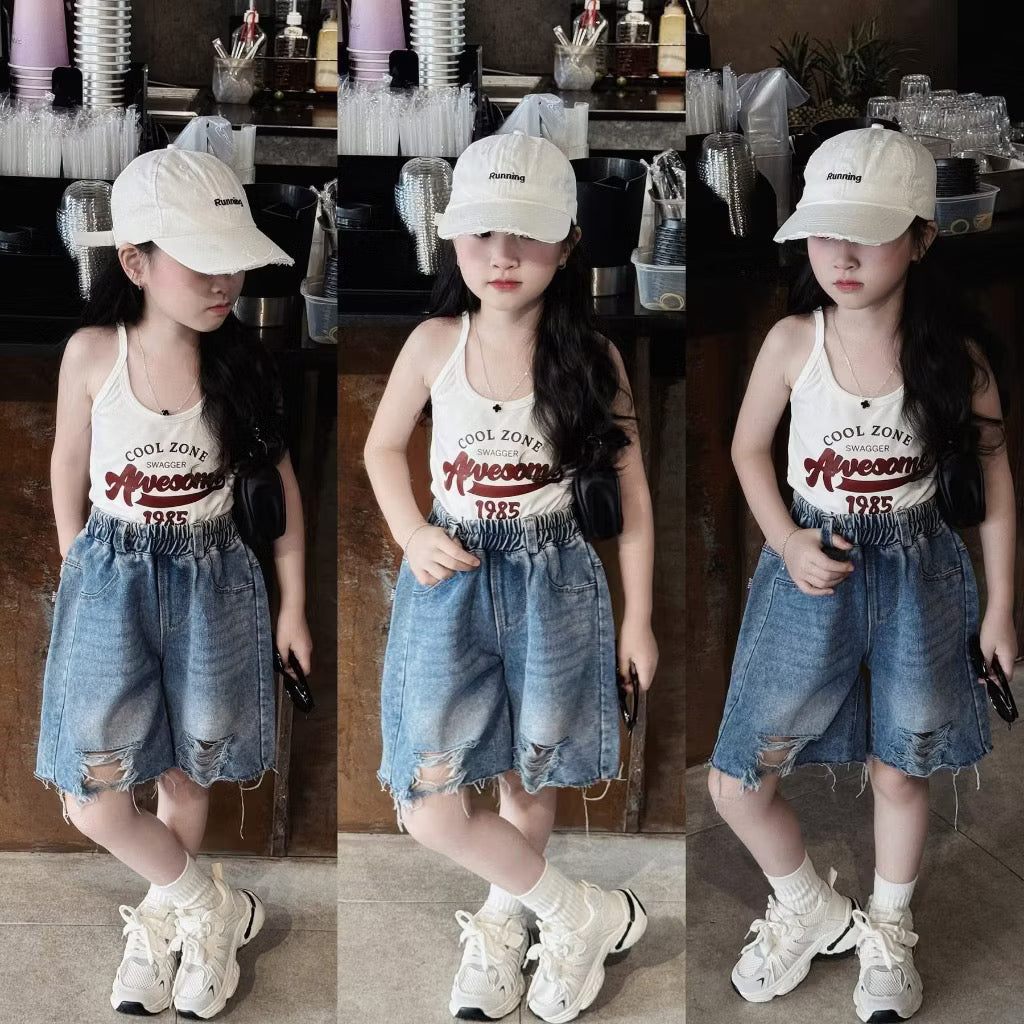 Set áo 2 dây quần jean lửng ống suông cho bé gái