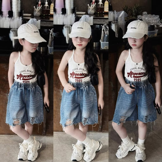 Set áo 2 dây quần jean lửng ống suông cho bé gái
