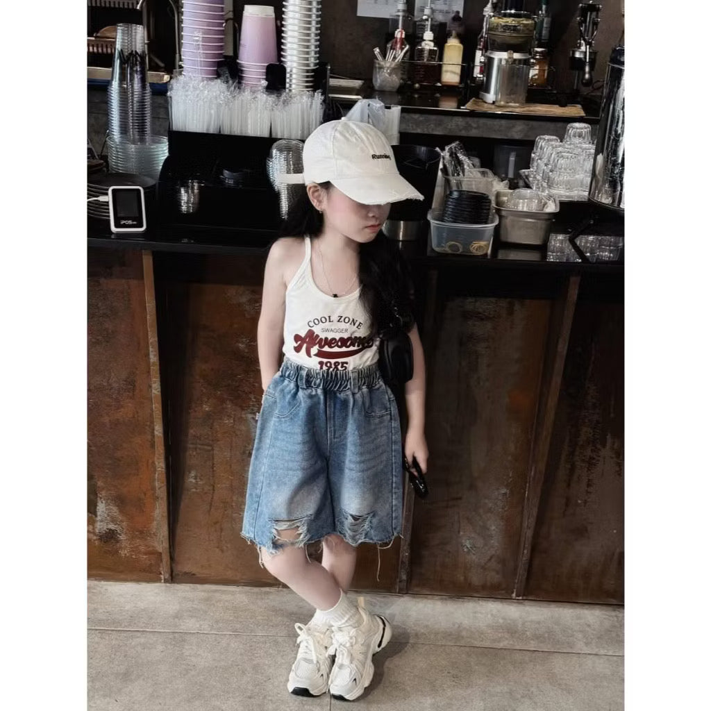 Set áo 2 dây quần jean lửng ống suông cho bé gái