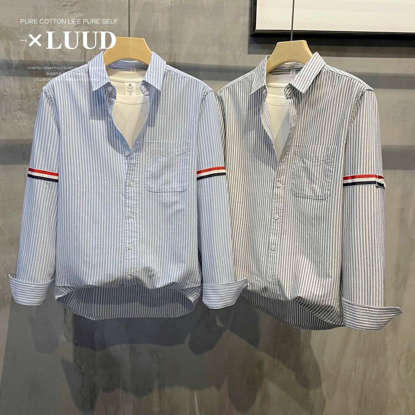 Sơ mi sọc xanh - xám tay phối màu