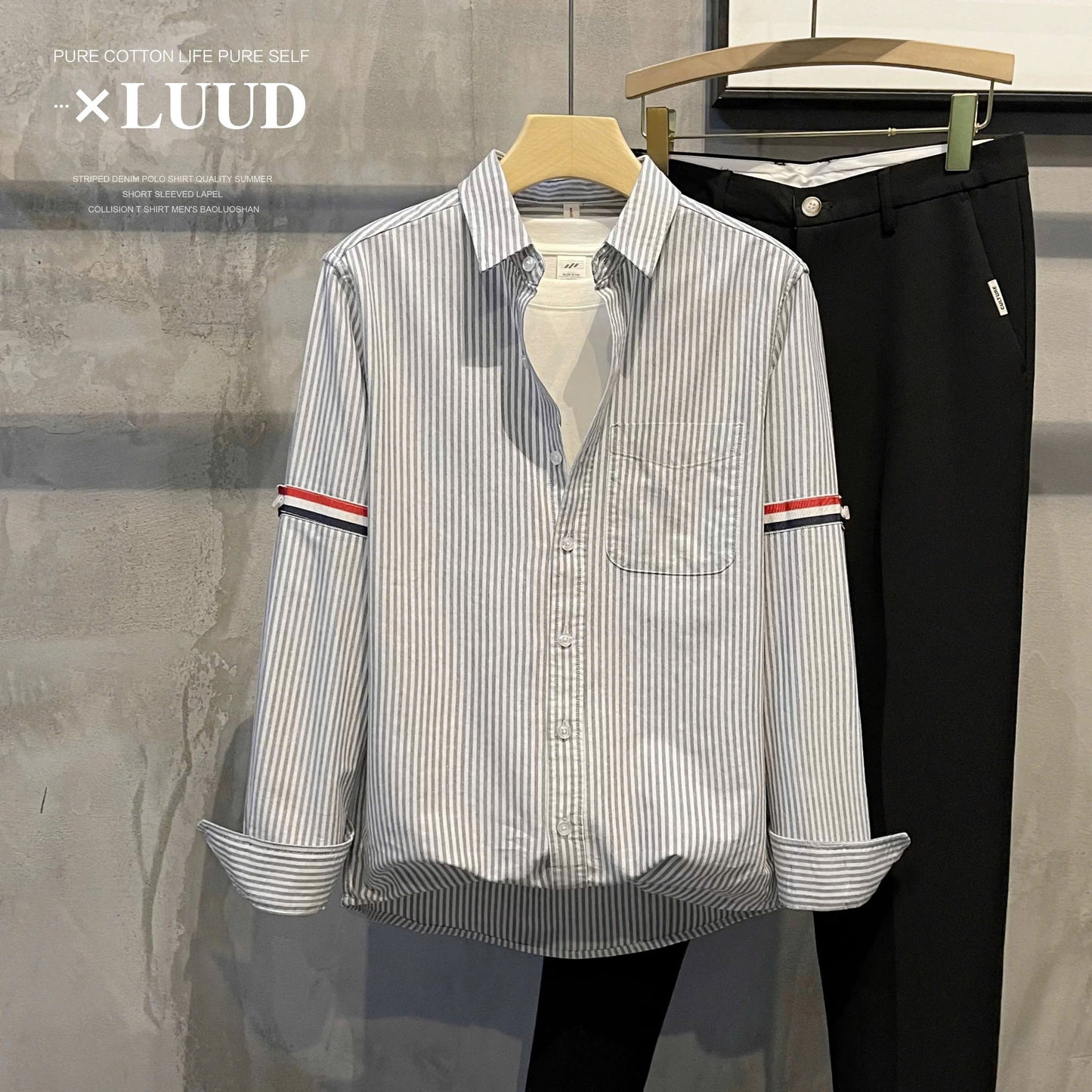 Sơ mi sọc xanh - xám tay phối màu