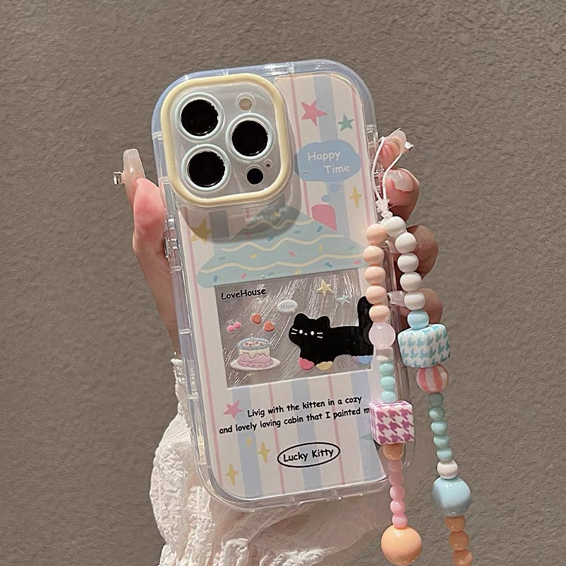Ốp lưng IP mèo cute xanh - hồng kèm dây đeo tay