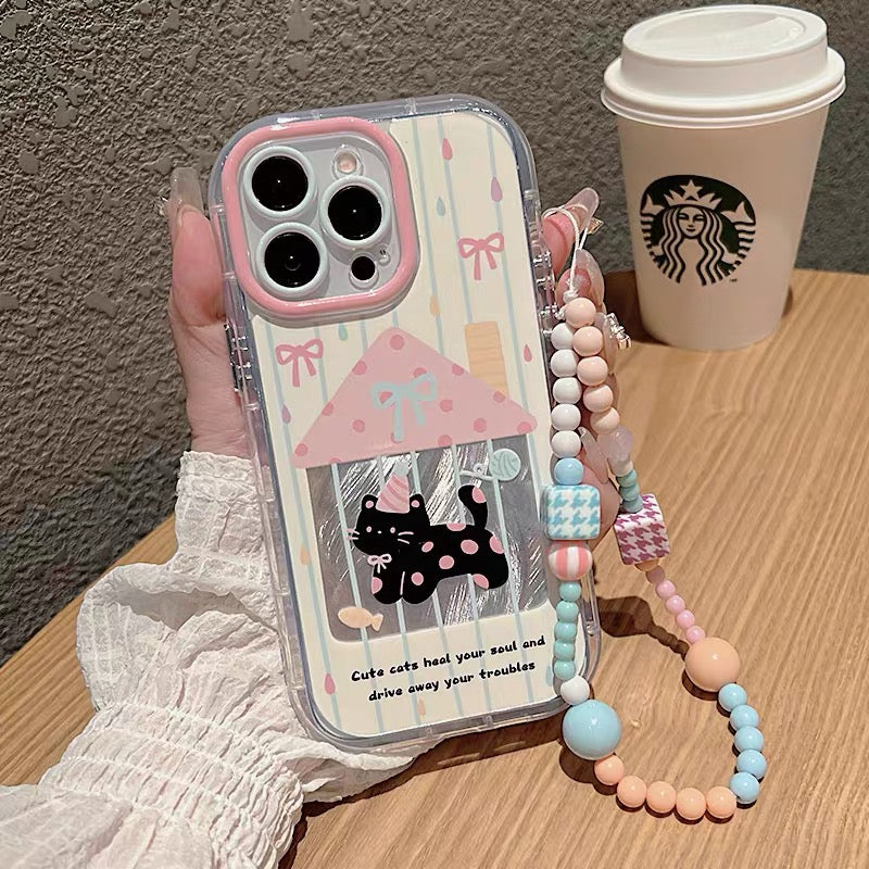 Ốp lưng IP mèo cute xanh - hồng kèm dây đeo tay