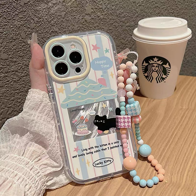 Ốp lưng IP mèo cute xanh - hồng kèm dây đeo tay