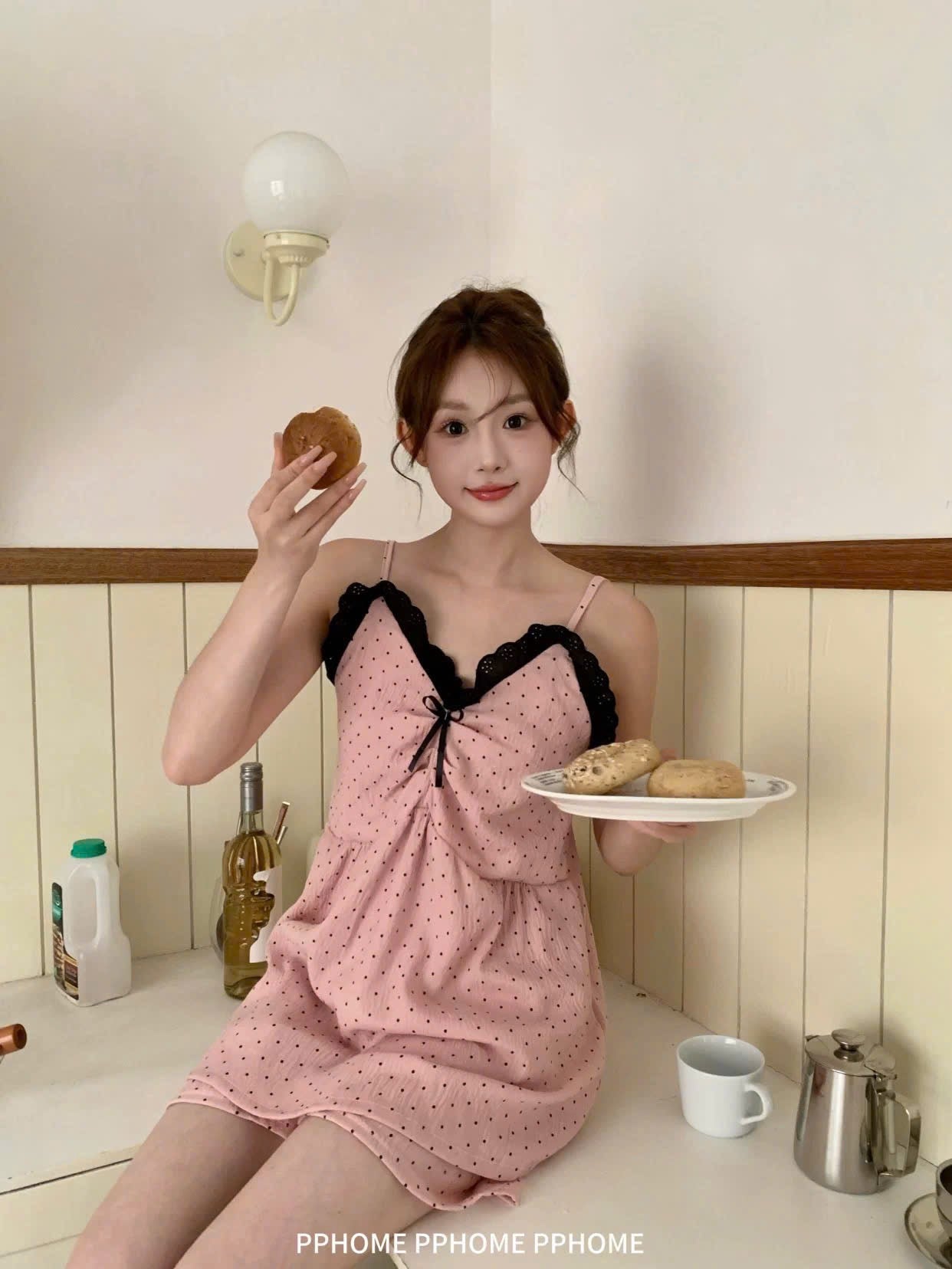 Bộ ngủ 2 dây chấm bi hồng quần dài - ngắn