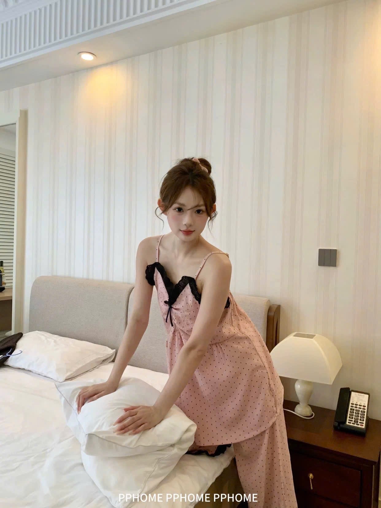 Bộ ngủ 2 dây chấm bi hồng quần dài - ngắn