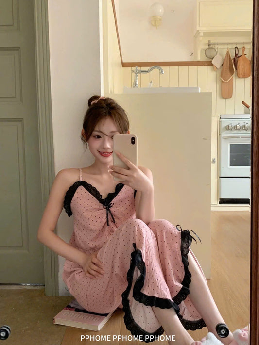 Bộ ngủ 2 dây chấm bi hồng quần dài - ngắn