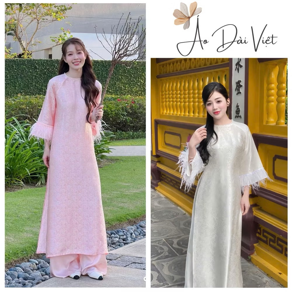 Áo dài gấm dáng xuông tay loe đính viền lông vũ