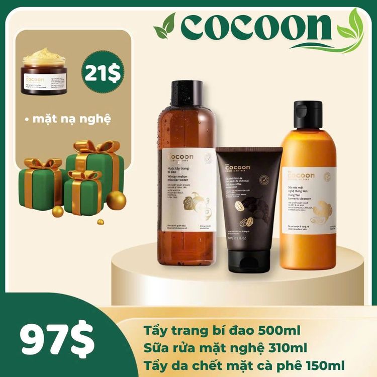 Combo dưỡng mặt sạch sâu COCOON 3 món - Tặng mặt nạ nghệ mờ thâm có sẵn