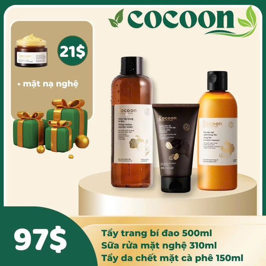 Combo dưỡng mặt sạch sâu COCOON 3 món - Tặng mặt nạ nghệ mờ thâm có sẵn