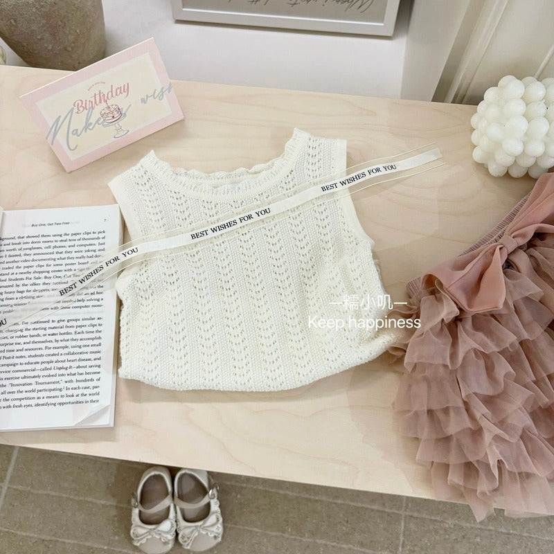 Set áo ba lỗ dệt kim và váy voan tầng cho bé gái